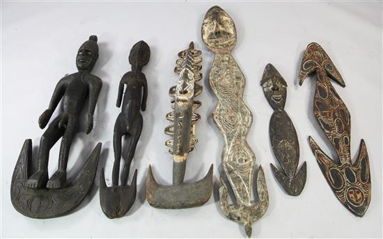 Six Sepik River tribal food hooks, various